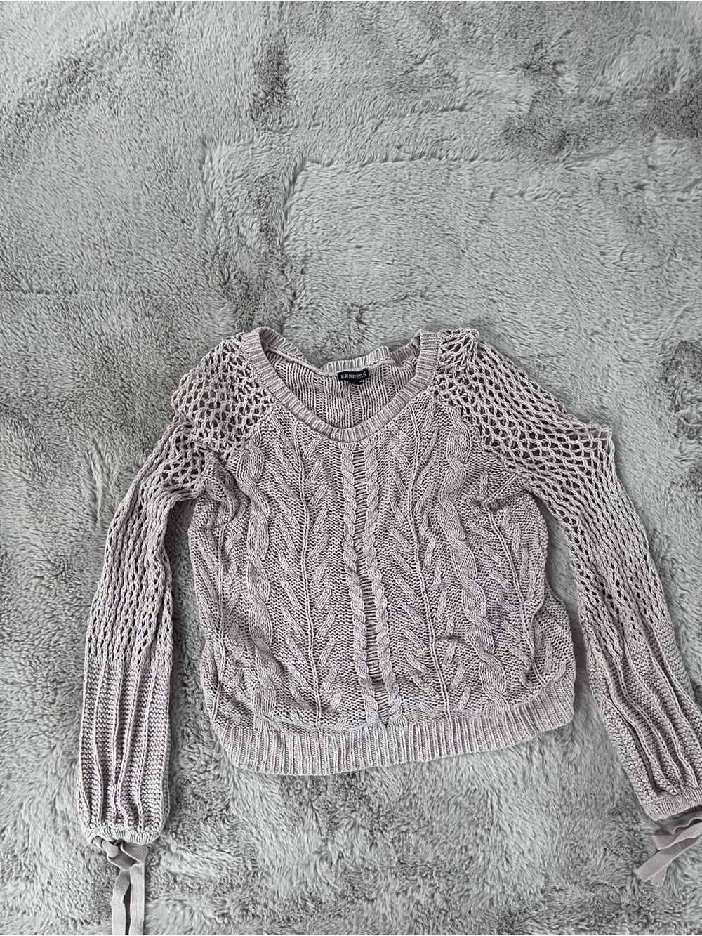 Express Light Gray Cable Knit Open-Shoulder Sweater